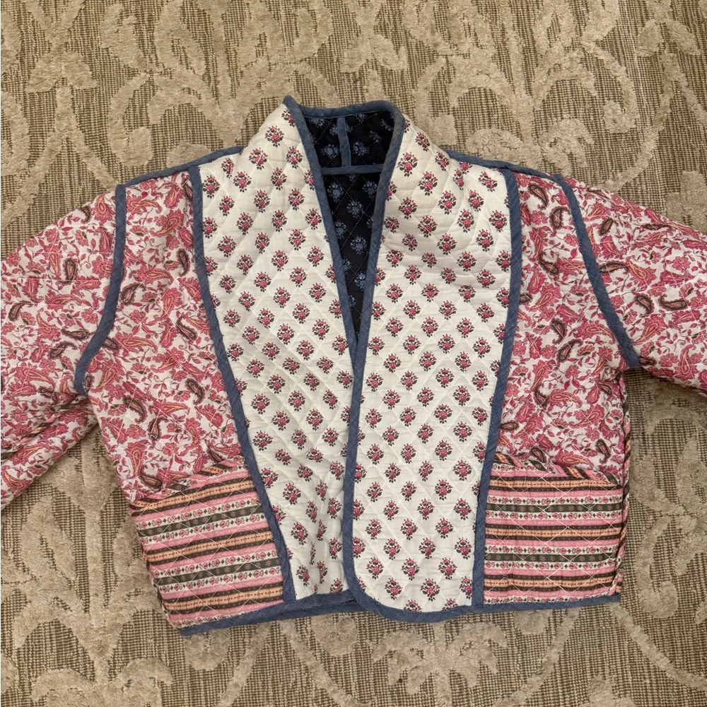 Mango QUILTED REVERSIBLE JACKET Pailsey Blue Pink White 100% Cotton Size Small - Picture 13 of 14